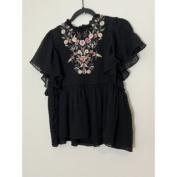 Zara Black Flutter Sleeve Polka Dot Blouse With Floral Embroidery Size Small - Picture 1 of 11